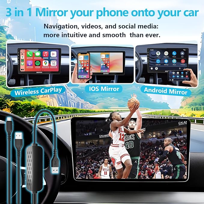 Wireless CarPlay Adapter with Screen Mirroring for Net-Flix YouTube TikTok, Auto-Connect, Local Media Playback，USB-A USB C Plug and Play,