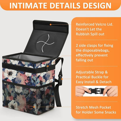 Vankor Car Trash Can for Car Cute, Trash Bag Bin Hanging Waterproof Automotive Garbage Cans Leak Proof Vehicle Trash Can Painting Floral