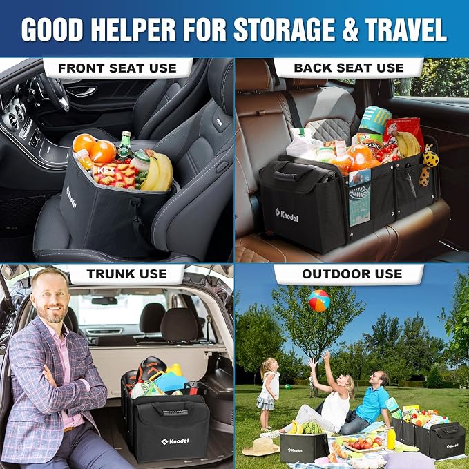 K KNODEL Extra Large Trunk Organizer With Cooler Bag, 3 Compartments Car Organizer, Heavy Duty SUV Trunk Organizer with 2 Adjustable Securing Straps (4-in-1, Black)