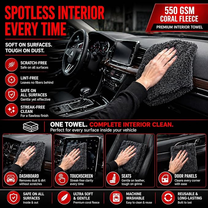 Microfiber Car Drying Towel & Interior Cleaning Cloth Set (2-Piece), 1300 GSM 24” x 36” Twisted Loop + 550 GSM 16” x 16” Coral Fleece, Streak-Free, Scratch-Free, Auto Detailing for Cars, Trucks & SUV