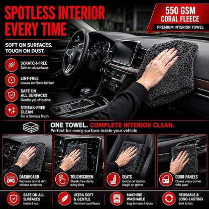 Microfiber Car Drying Towel & Interior Cleaning Cloth Set (2-Piece), 1300 GSM 24” x 36” Twisted Loop + 550 GSM 16” x 16” Coral Fleece, Streak-Free, Scratch-Free, Auto Detailing for Cars, Trucks & SUV
