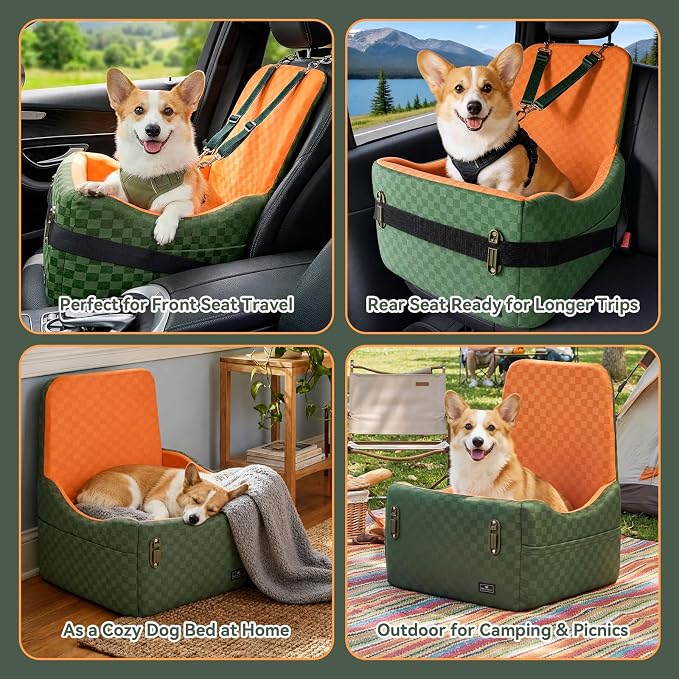 PETSFIT Dog Car Seat for Small/Medium Dogs Up to 35 lbs – Patented Safety System, 5" Memory Foam Pet Car Seat, Fully Detachable and Washable Cover, Front/Back Seat Travel Booster (Green & Orange)