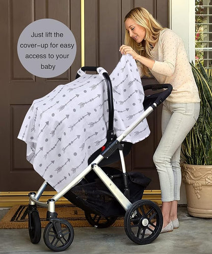 Rquite Car Seat Cover Baby for Boys Girls, 100% Muslin Cotton Infant Carseat Canopy, Soft Breathable Stroller Sun Shade & Newborn Shower Gift, Large Size Universal Fit Summer, Hot & Warm Weather