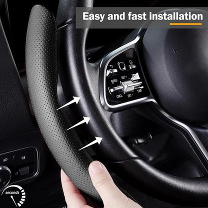 Car Steering Wheel Cover Leather Snap On 3Pcs Set Non-Slip Protector Wrap Steering Wheel Accessories 14.5-15 inch Universal Black
