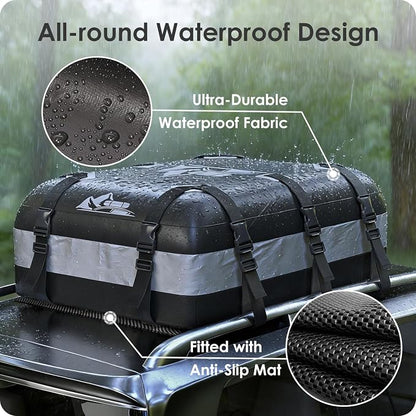 Car Rooftop Cargo Carrier Bag 20 Cubic Feet, 100% Waterproof Heavy Duty Car Roof Bag for All Vehicle with/Without Racks - Anti-Slip Mat, 6 Door Hooks, Storage Bags, 5CM Straps(Gray)