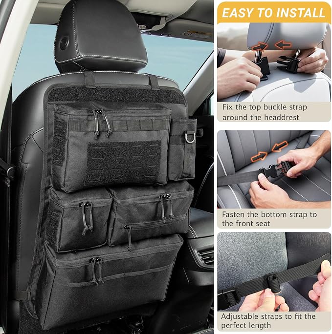 Tactical Seat Back Organizer - Heavy Duty MOLLE Panel Organizer with Multiple Pockets & Hook Loop Panel for EDC Gear, Road Trip Essentials, Universal Fit for Car SUV Truck Jeep Ford(Black)