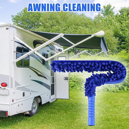 Shkalacar Ceiling Fan Cleaner Duster, RV Awning Mop with Bendable Pad Extension Pole, Circle Shape Microfiber Reusable Duster & Flexible Brush for Cleaning Home Camper Trailer Truck