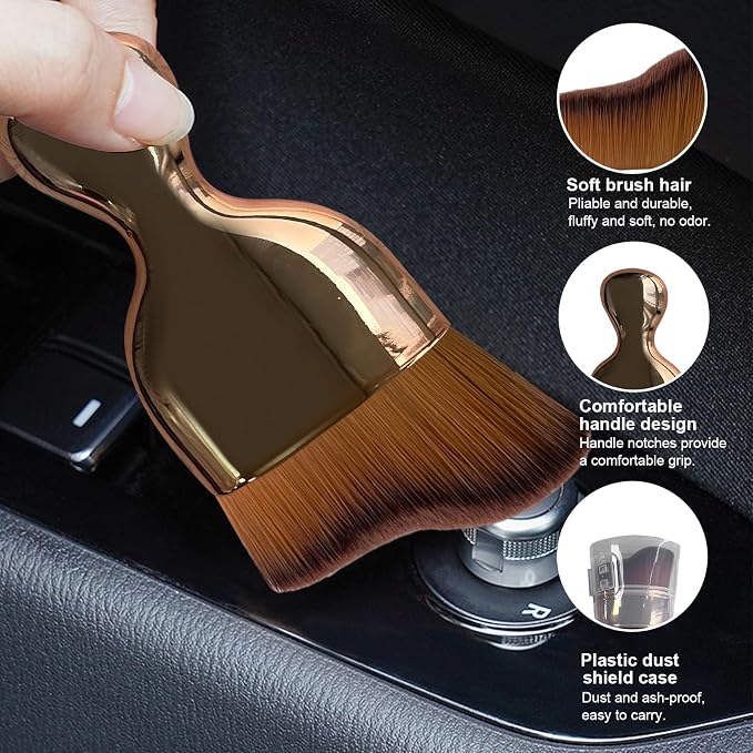 Ziciner Car Detailing Brush, Curved Soft Bristles Auto Removal Dust Collectors, Universal Vehicle Dashboard, Air Conditioner Vents etc Interior Cleaning Tool Accessory (Rose Golden)