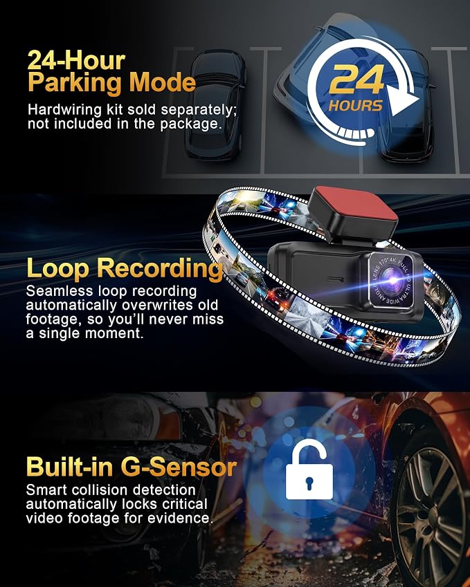 4 Channel 4K Dash Cam - 360° Panoramic Front Rear Inside Camera, STARVIS 2 Night Vision, 5.8GHz WiFi, 170° Wide Lens, 24hr Parking Monitor, G‑Sensor, Included 64GB SD Card for Private Drivers