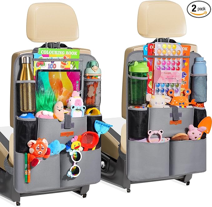 SURDOCA Upgraded Car Organizer with 11-inch Tablet Holder, 8 Pockets, Car Seat Protector for Road Trips - Car Storage and Organizers for Kids, Grey 2PC