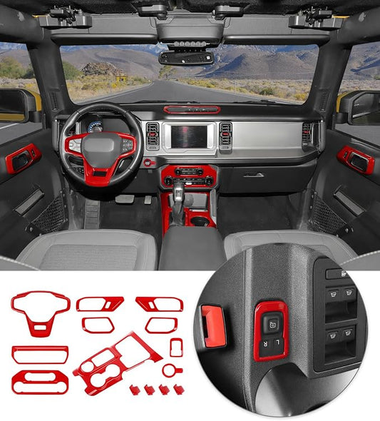 JWWY Interior Trim Kit Auto Interior Dress-Up Kit Decor Set Center Console Gear Shift Dashboard Panel Door Handle AC Rearview Vent Adjustment Cover Trim for 2021-2026 Ford Bronco Accessories 14pcs Red