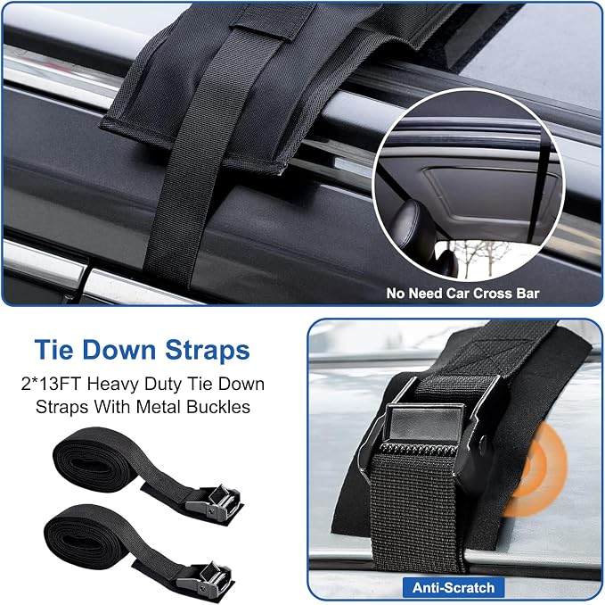 Universal Soft Roof Rack Pads with Two 16 FT Tie-Down Straps, Bow & Stern Ropes, Quick Loops & Storage Bag–Car Roof Rack for Kayak, Surfboard, SUP, Canoe–Fits Cars, SUVs, Sedans & Hatchbacks(1 Pair)
