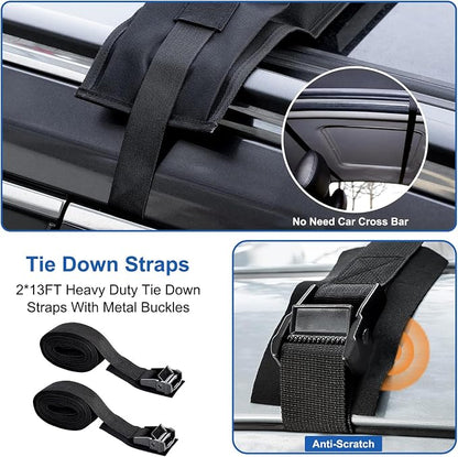 Universal Soft Roof Rack Pads with Two 16 FT Tie-Down Straps, Bow & Stern Ropes, Quick Loops & Storage Bag–Car Roof Rack for Kayak, Surfboard, SUP, Canoe–Fits Cars, SUVs, Sedans & Hatchbacks(1 Pair)