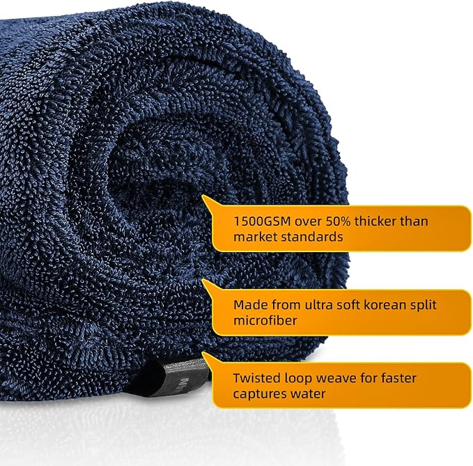2-Pack 24" x 36" 11.8" x 11.8" Twisted-Loop Car Drying Towel 1500GSM Microfiber Cleaning Cloth for Car Trucks Motorcycles Streak Free Lint Free Ultra Absorbent Washing Cloth for Kitchen Window (Blue)