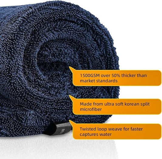 2-Pack 24" x 36" 11.8" x 11.8" Twisted-Loop Car Drying Towel 1500GSM Microfiber Cleaning Cloth for Car Trucks Motorcycles Streak Free Lint Free Ultra Absorbent Washing Cloth for Kitchen Window (Blue)