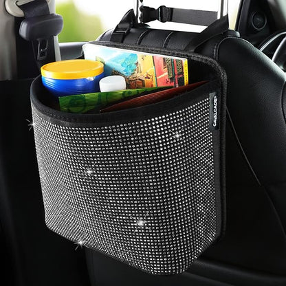 Cavalcade Car Back Seat Organizer, Bling Hanging Pocket, Large Seat Back Travel Caddy Bag, Diamond Trash Bin Garbage Container (White)