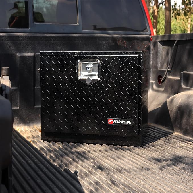 FORWODE 18x17x18 Inch Underbody Truck Tool Box Aluminum Trailer Tool Box with Lock & Foldable T-Handle Waterproof Truck Storage Box for Pickup Truck, Trailer, RV, ATV, Indoor（BLACK）