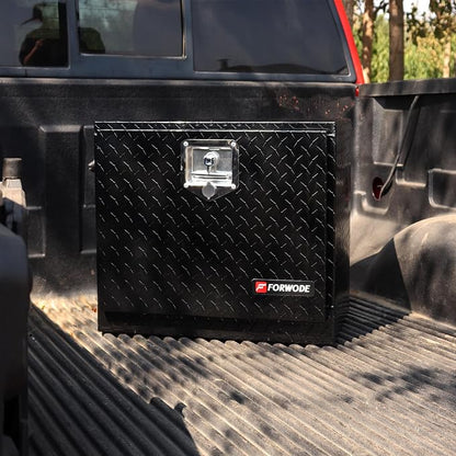 FORWODE 18x17x18 Inch Underbody Truck Tool Box Aluminum Trailer Tool Box with Lock & Foldable T-Handle Waterproof Truck Storage Box for Pickup Truck, Trailer, RV, ATV, Indoor（BLACK）