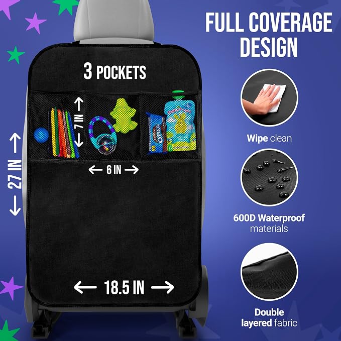 Todays Kids 2 Pack Kick Mats Back Seat Protector - Backseat Car Organizer for Kids, Car Storage Organizer, Back Seat Cars Organizers, Cars Organizers Backs Seats, Travel Accessories, 3 Pockets