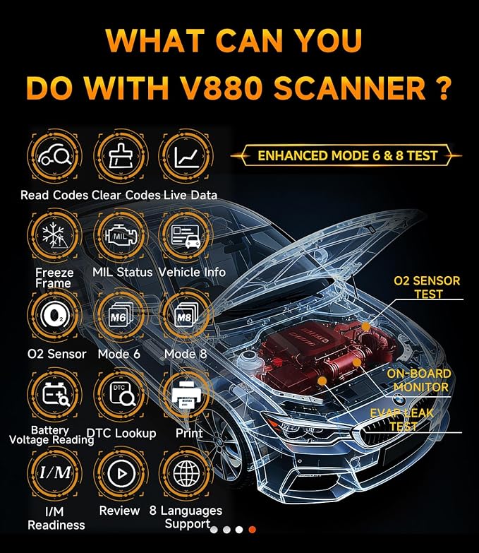 OBD2 Scanner,V880 Car Scanner Diagnostic Tool: Car Check Engine Code Reader with Reset,Live Data & Freeze Frame,Mode 6, Mode 8, OBDII Scan Tool for All OBD II Protocol Vehicles Since 1996