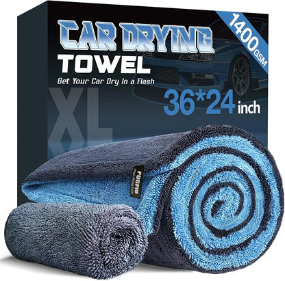 PUGPIU Car Drying Towel - 1400GSM Extra Large Super Absorbent Microfiber Towels for Cars 24"x36" - Large Edgeless with Twisted Loop, Lint-Free & Streak-Free for Auto Detailing, SUV, Truck (Blue)