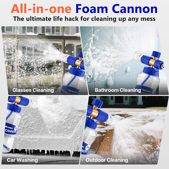 Foam Cannon for Pressure Washer, Professional Car Cannon Lance, 1L Wide Mouth Bottle, 1/4 Inch Quick Connector, 4000 PSI, 360 Rotatable Nozzle, Adjustable Thick Snow Foam, 1.2mm Orifice