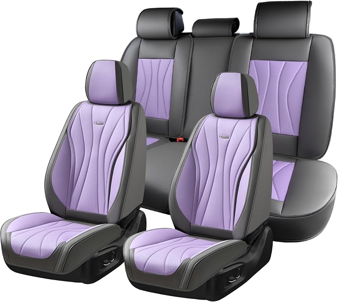 Coverado Seat Covers Full Set, Leather Car Seat Covers, Waterproof Seat Covers for Cars, Front and Back Seat Covers, Car Seat Protectors Car Seat Cushions Universal Fit for Most Cars, Gray&Purple