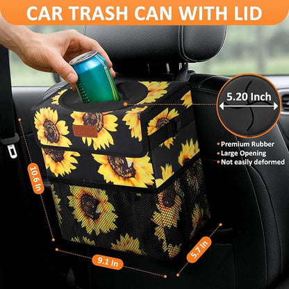 Vankor Car Trash Can for Car Cute,Bag Bin Hanging Waterproof Automotive Garbage Cans Leak Proof Vehicle Trash Can Sunflower
