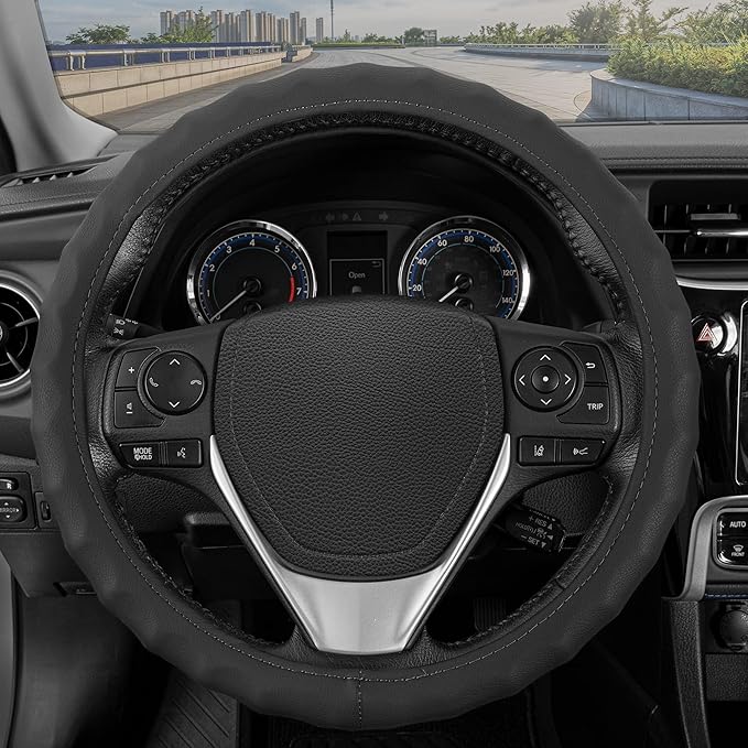 BDK Genuine Black Leather Steering Wheel Cover for Car, Large 15.5-16 inch – Ergonomic Comfort Grip for Men & Women, Car Steering Wheel Cover for Vehicles with Large Steering Wheels