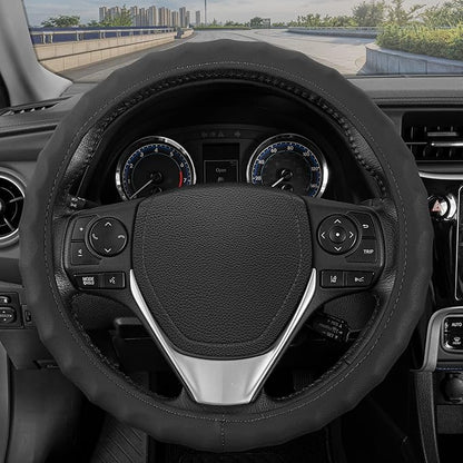 BDK Genuine Black Leather Steering Wheel Cover for Car, Large 15.5-16 inch – Ergonomic Comfort Grip for Men & Women, Car Steering Wheel Cover for Vehicles with Large Steering Wheels