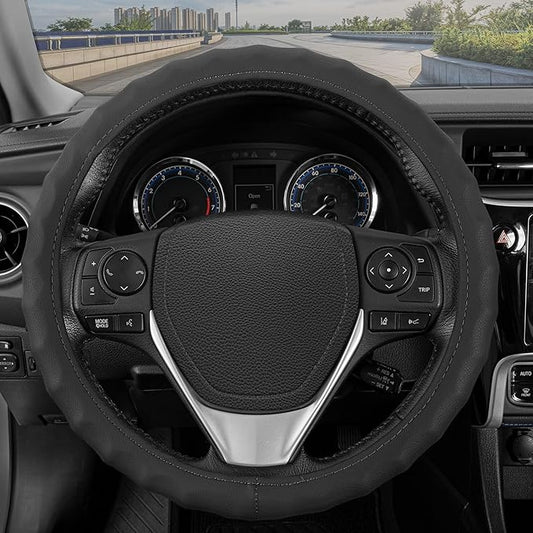 BDK Genuine Black Leather Steering Wheel Cover for Car, Large 15.5-16 inch – Ergonomic Comfort Grip for Men & Women, Car Steering Wheel Cover for Vehicles with Large Steering Wheels