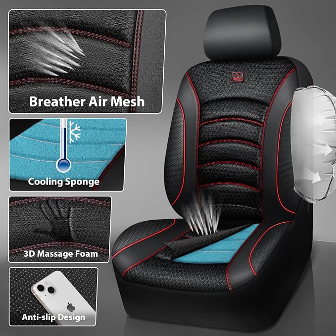 CAR PASS Comfortable 3D Foam Mesh Leather Car Seat Covers Full Sets, Air Cool Mesh Breathable Seat Covers for Car, Universal 5 Seats Fit for SUV Truck Sedan Automotive, Airbag Compatible,Black Red