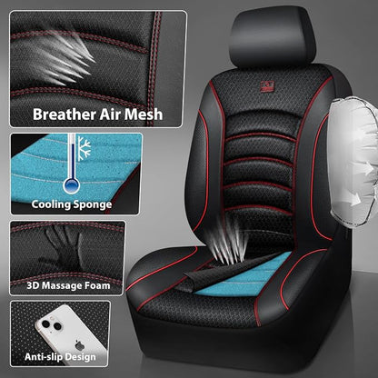CAR PASS Comfortable 3D Foam Mesh Leather Car Seat Covers Full Sets, Air Cool Mesh Breathable Seat Covers for Car, Universal 5 Seats Fit for SUV Truck Sedan Automotive, Airbag Compatible,Black Red