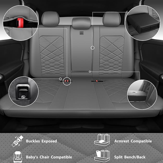 CAR PASS Luxury Nappa Leather Seat Covers Full Set, Water Resistant Faux Leather Seat Cover with Lumbar Support, Breathable Automotive Seat Covers Universal Fit for Sedan SUV Van Truck, Pure Gray