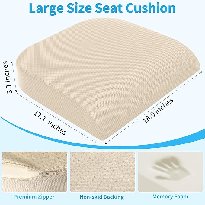 TranquilRelax 2XL Seat Cushion, Memory Foam Cushion for Long Sitting Hours on Office Chair, Car Seat, Non-Slip Chair Pad for Sciatica, Coccyx, Tailbone Pain Relief & Post-Surgery Recovery (Khaki)