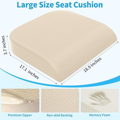 TranquilRelax 2XL Seat Cushion, Memory Foam Cushion for Long Sitting Hours on Office Chair, Car Seat, Non-Slip Chair Pad for Sciatica, Coccyx, Tailbone Pain Relief & Post-Surgery Recovery (Khaki)