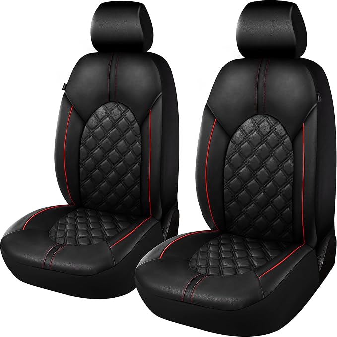 CAROMOP Luxury PU Leather Car Seat Covers Front Set - Anti-Stain Waterproof Automotive Seat Covers for Cars - Universal Car Interior Covers Seat Protectors for SUVs Pick-up Trucks(Black/Red Line)