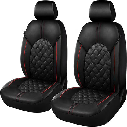 CAROMOP Luxury PU Leather Car Seat Covers Front Set - Anti-Stain Waterproof Automotive Seat Covers for Cars - Universal Car Interior Covers Seat Protectors for SUVs Pick-up Trucks(Black/Red Line)