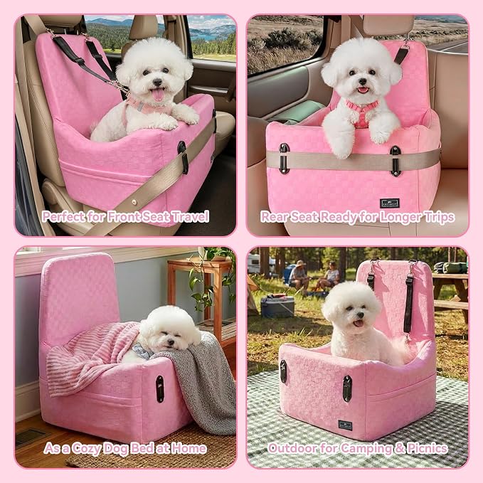 PETSFIT Dog Car Seat for Small/Medium Dogs Up to 35 lbs – Patented Safety System, 5" Memory Foam Pet Booster Car Seat, Fully Detachable and Washable Dog Carseat with 2 Storage Pockets (Pink)