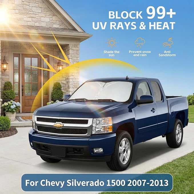 Windshield Sun Shade for Chevy Silverado 1500 2007-2013 Sunshade Front Window Shade Custom Fit Silverado 1500 Accessories Sun Visor Foldable Shade Blocks UV Rays Accessories