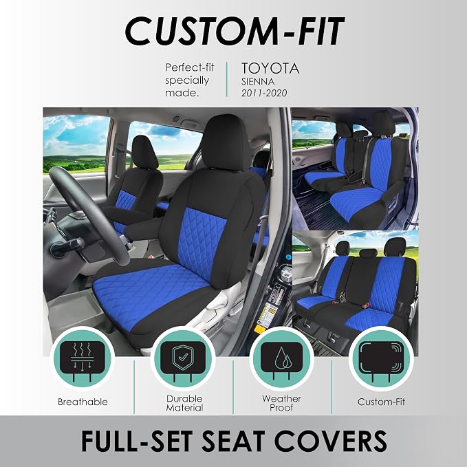 FH Group Custom Fit Car Seat Covers Specifically Made for Toyota Sienna 2011-2020, Car Seat Cover Full Set, 8 Seater Automotive Seat Covers in Blue Neoprene, Waterproof and Washable Seat Covers