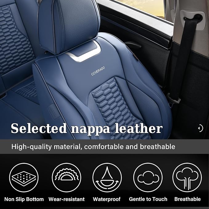 Coverado Car Seat Covers Front Seats, Luxury Leather Seat Covers for Cars, Automotive Car Seat Covers Protector Universal Fit Most Sedans, SUVs, Pick-up Trucks Interior Accessories(Blue)