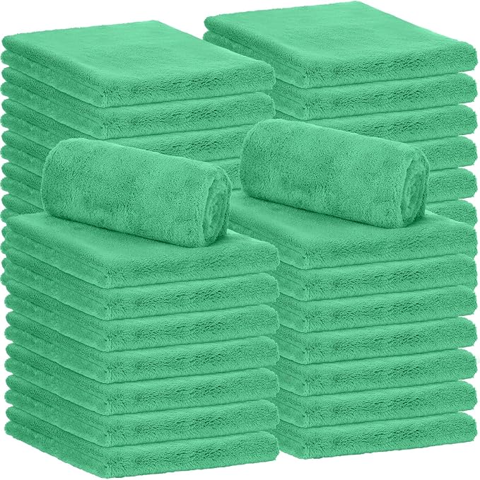 Shimeyao 30 Pcs 16 x 16 Inch Edgeless Microfiber Plush Towels for Cars Detailing Drying Wash Polishing Absorbent Cleaning Cloths, 500 GSM (Grass Green)