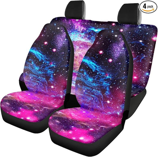 Blue Purple Galaxy Car Seat Covers Full Set,Deep Space Abstract Universe Stars Nebula Design Vehicle Front Rear Bench Cushion Protectors Auto Interior Accessories Universal for Trucks Sedans