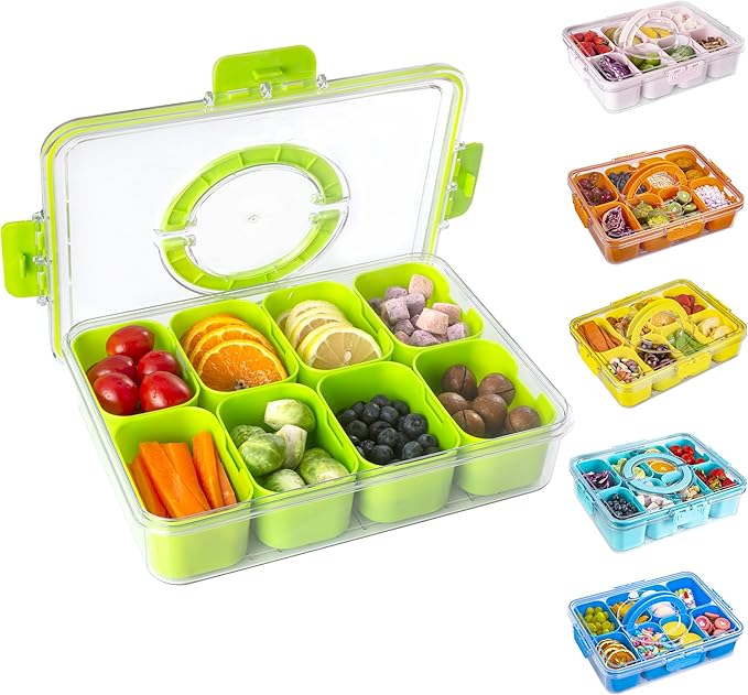 WACOI Divided Snack Serving Tray with Lid and Handle Travel Snackle Charcuterie Container Portable Storage Organizer for Candy, Fruits, Nuts, Snacks, Party, Picnic (1pack, Green)