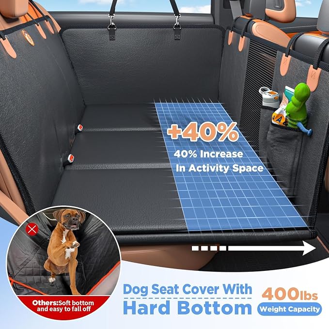 MYJAQI Back Seat Extender for Dogs, PU Leather Dog Car Seat Cover for Back Seat with Hard Bottom, 100% Waterproof, Scratch Proof and Anti Slip Dog Hammock for Car, Holds 400lbs