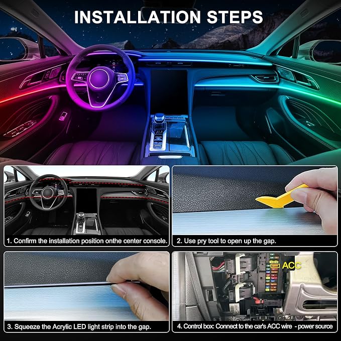 Acrylic Interior Car LED Strip Light with Wireless APP, RGB Dreamcolor 6 in 1 with 175 inches 600 LEDs Fiber Optic Strip Lights for Car, Dynamic Chasing Sound Active Neon Car Ambient Lighting Kits