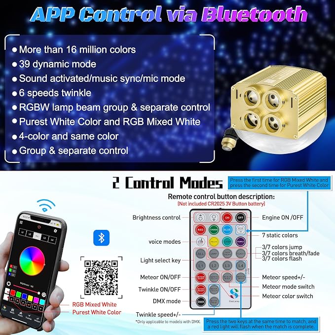 4 Colors 32W Twinkle Car Starlight Headliner Kit 700pcs*0.03in*13.1ft with APP&RF Remote, RGBW Fiber Optic Ceiling Star Lights, 4 Port Engine Sound Activated Star Roof Lights for Car Home Theater