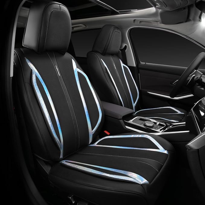 CAR PASS Nappa Leather Seat Covers, Waterproof Durable Universal fit for Women Girly SUV Truck,Anti-Slip Driver Seat Cover with Backrest, full set 5 Holographic Black Silver strips Iridescent colorful