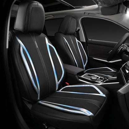 CAR PASS Nappa Leather Seat Covers, Waterproof Durable Universal fit for Women Girly SUV Truck,Anti-Slip Driver Seat Cover with Backrest, full set 5 Holographic Black Silver strips Iridescent colorful
